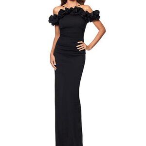 Xscape Black Ruffle Off the Shoulder Crepe Body-Con Gown